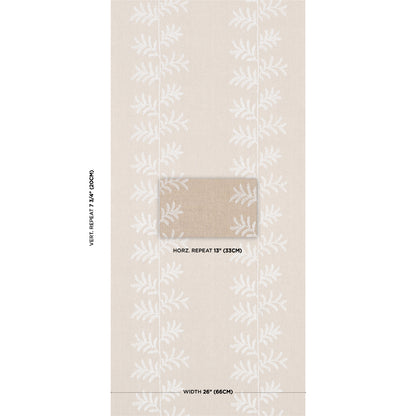 Beige wallpaper sheet with white fern pattern, central darker beige swatch, sample showing repeat and width.
