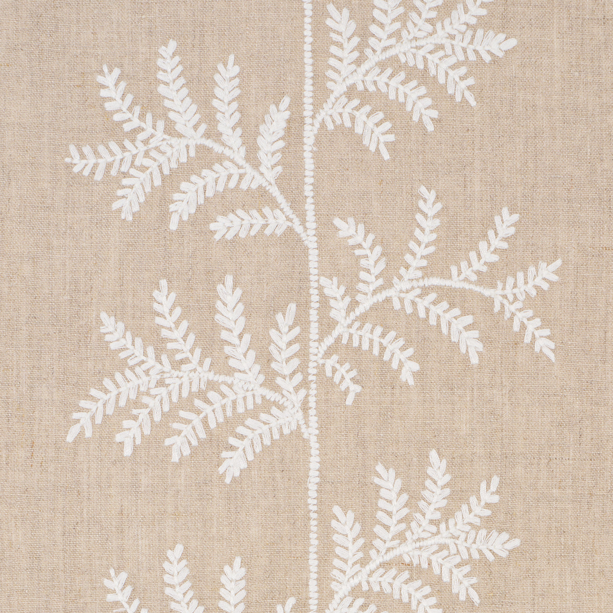 Beige linen fabric with white embroidered fern branches along a central stem, botanical textile design.