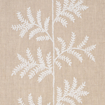 Beige linen fabric with white embroidered fern branches along a central stem, botanical textile design.