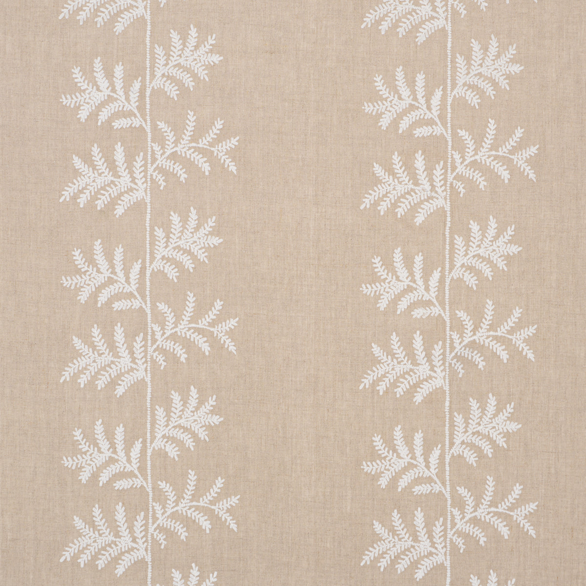 Beige linen-textured wallpaper with white fern frond pattern in vertical columns.