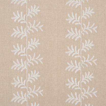 Beige linen-textured wallpaper with white fern frond pattern in vertical columns.