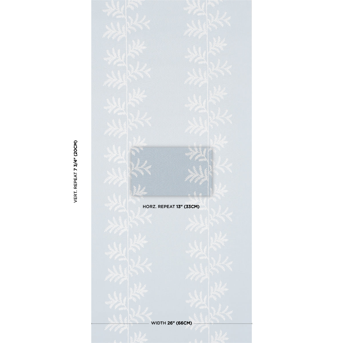 Pale blue wallpaper with white fern-like vines in vertical repeat; shows repeat area and 26" width.