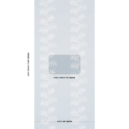 Pale blue wallpaper with white fern-like vines in vertical repeat; shows repeat area and 26" width.