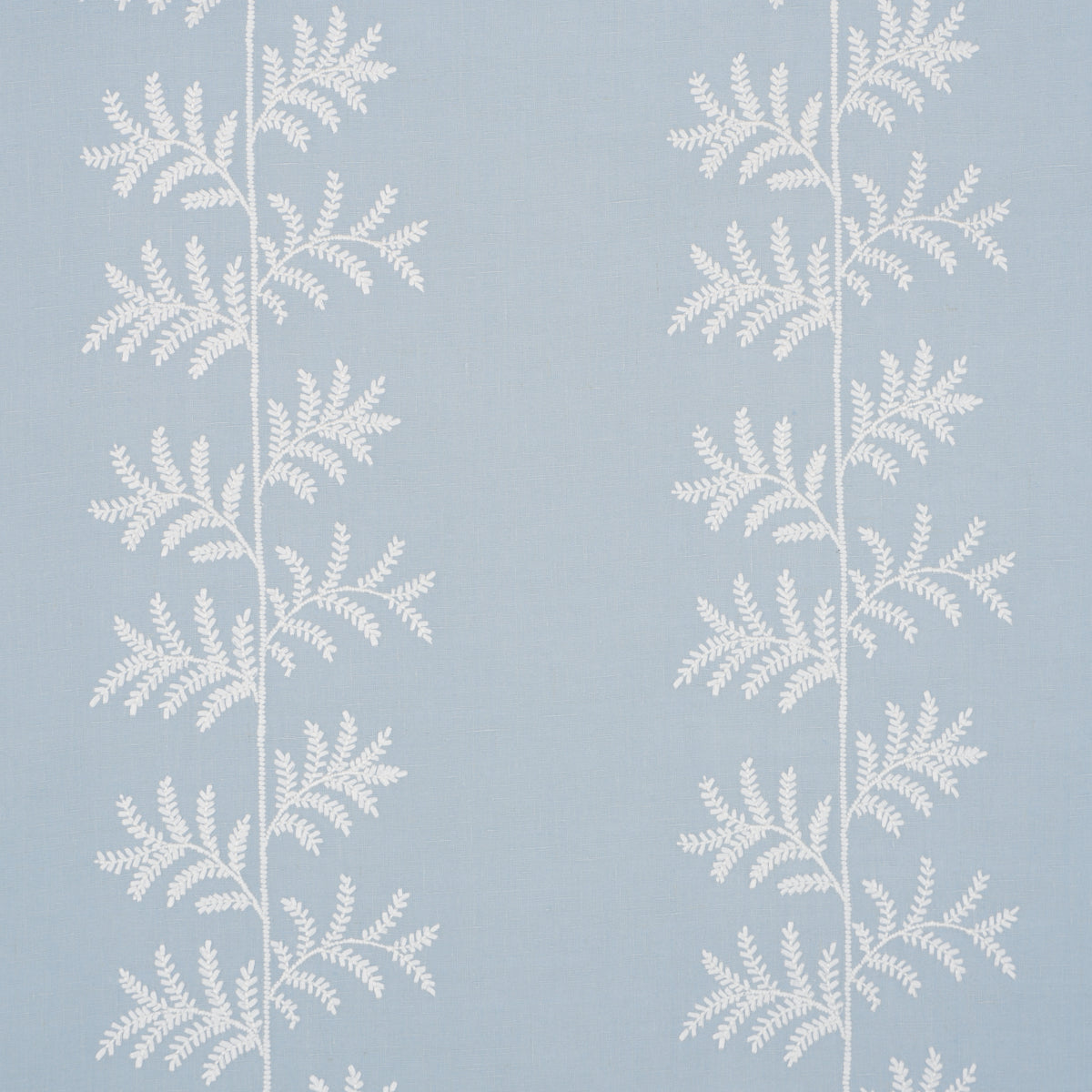 Light blue wallpaper with vertical white fern branches repeating pattern; botanical, airy wall decor.