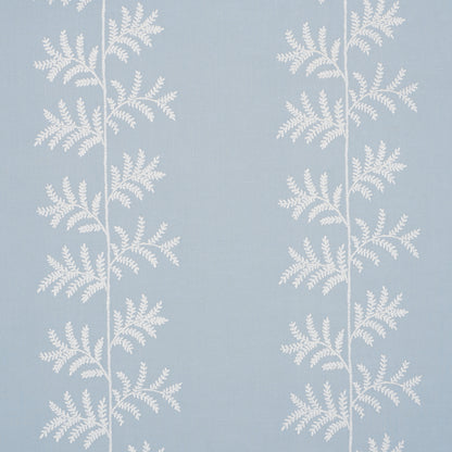 Light blue wallpaper with vertical white fern branches repeating pattern; botanical, airy wall decor.