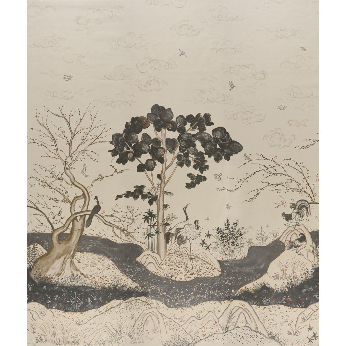Pastoral beige print with a central dark-leaved tree, bare trees along a winding river and birds in a stylized landscape.