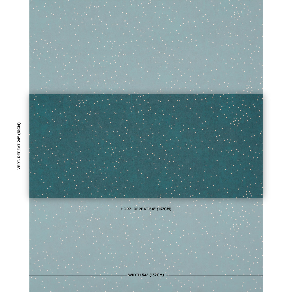Three horizontal speckled wallpaper swatches: light blue-gray top, teal middle, pale gray bottom; shows repeat and width.