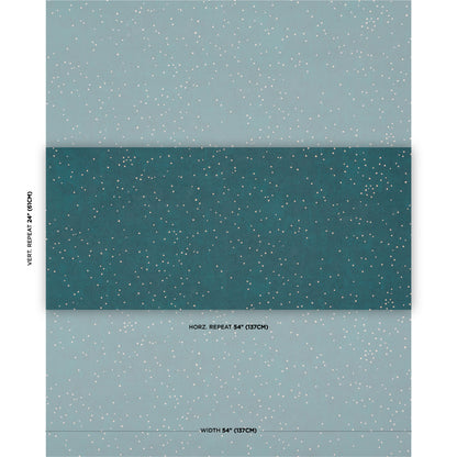 Three horizontal speckled wallpaper swatches: light blue-gray top, teal middle, pale gray bottom; shows repeat and width.
