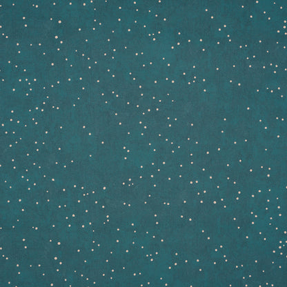 Teal fabric with random white speckles, starry pattern; lightweight textile suitable for clothing or crafts.