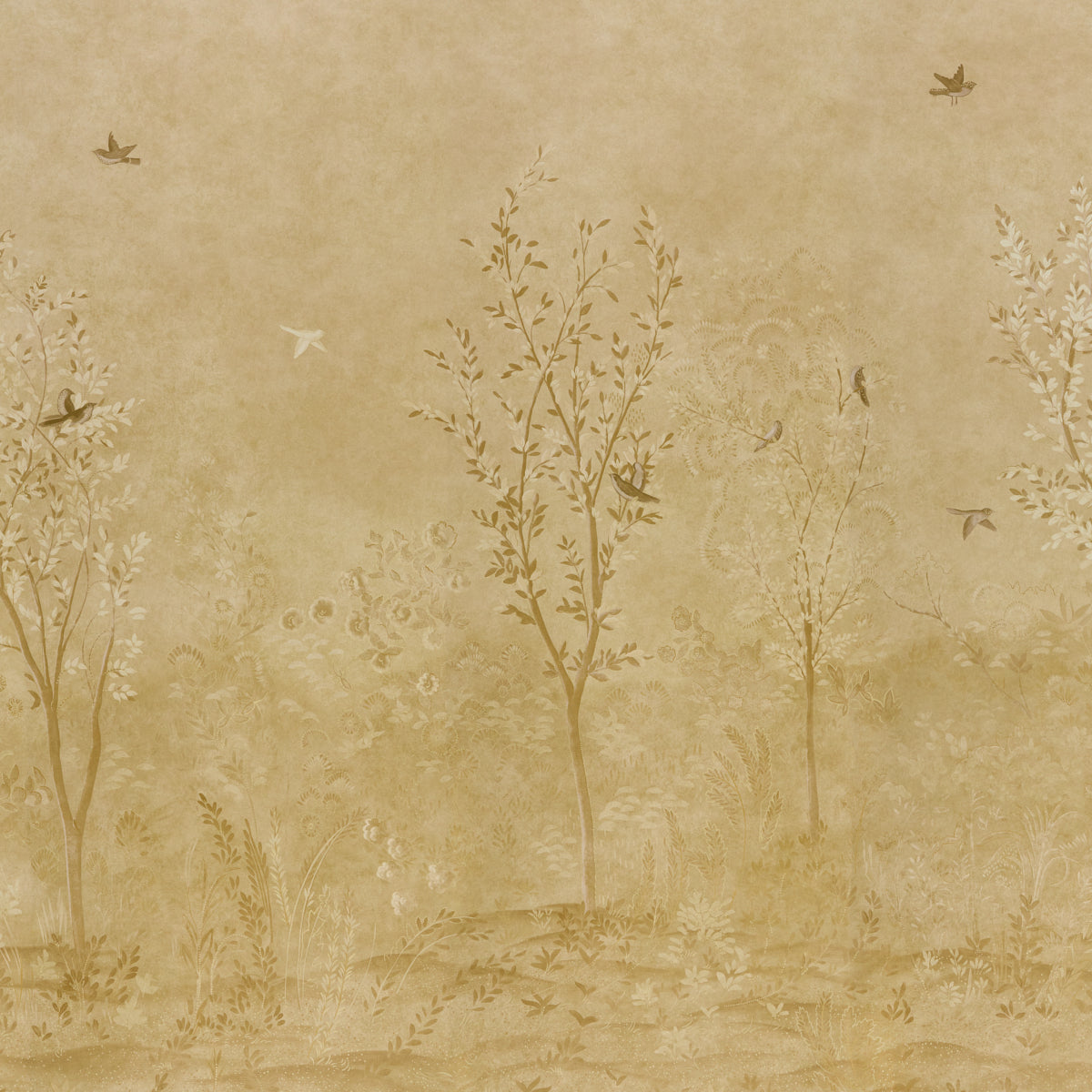 Warm beige wallpaper with delicate brown trees, grasses and small birds in a vintage botanical pattern.