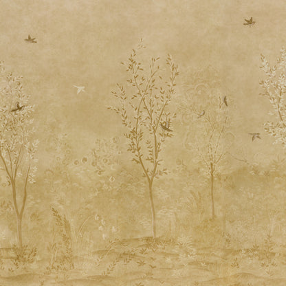 Warm beige wallpaper with delicate brown trees, grasses and small birds in a vintage botanical pattern.