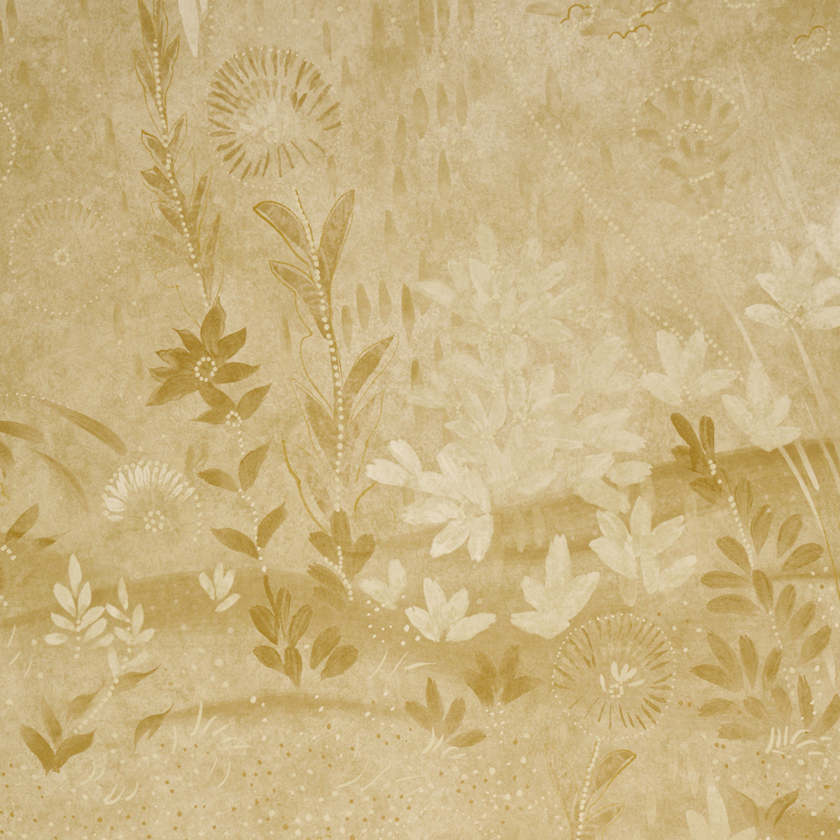 Beige vintage floral wallpaper pattern with pale gold flowers and leaves.