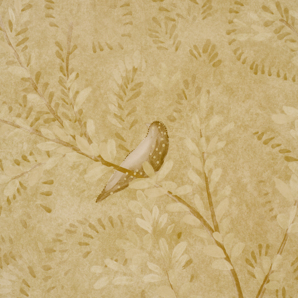 Golden sepia botanical pattern with a small bird perched on a branch among leaves, 4-panel set.
