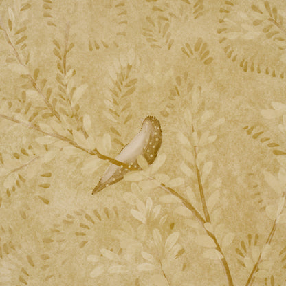 Golden sepia botanical pattern with a small bird perched on a branch among leaves, 4-panel set.