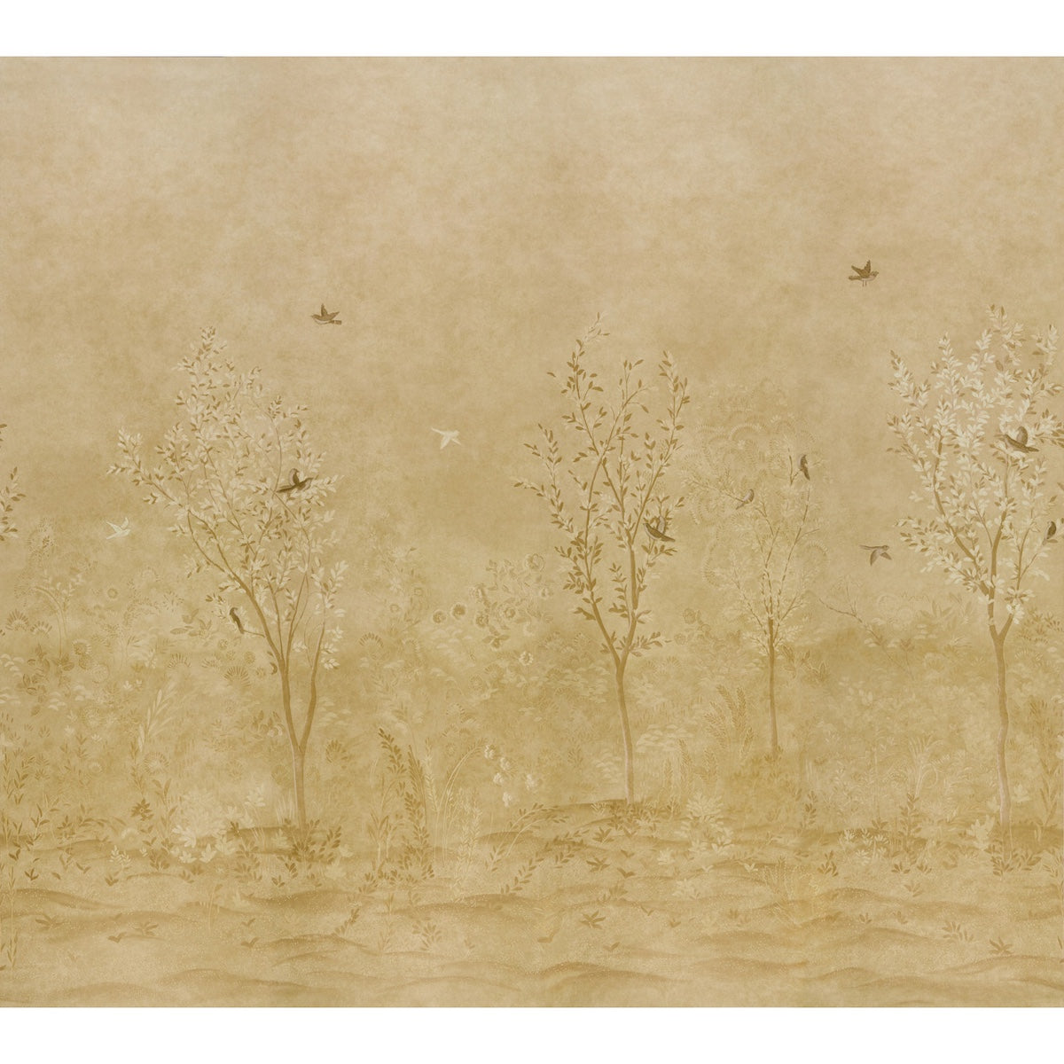 Sepia watercolor landscape featuring slender trees and flying birds; vintage beige botanical wall art print.