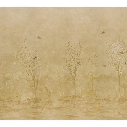 Sepia watercolor landscape featuring slender trees and flying birds; vintage beige botanical wall art print.