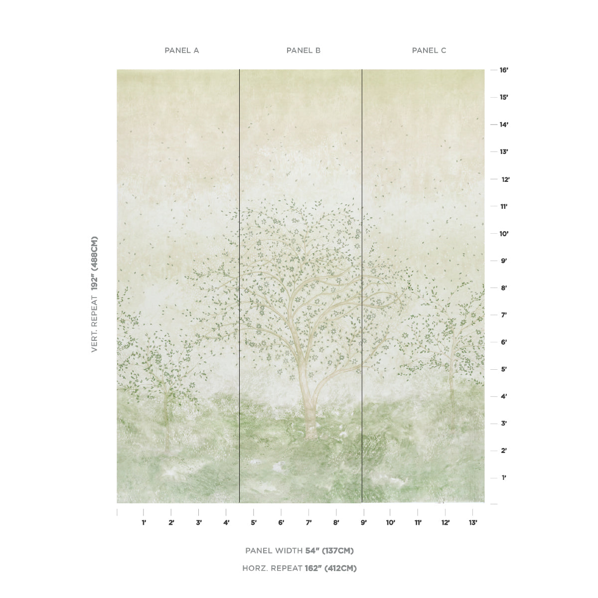 Three-panel wallpaper mural with a central leafy tree over green grass and beige sky, panels A–C.