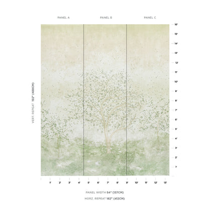 Three-panel wallpaper mural with a central leafy tree over green grass and beige sky, panels A–C.
