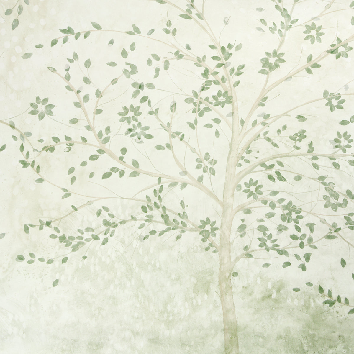 Watercolor botanical panel set with pale cream backdrop, delicate tree branches and soft green leaves.