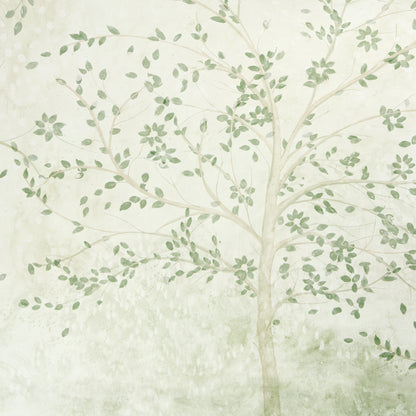 Watercolor botanical panel set with pale cream backdrop, delicate tree branches and soft green leaves.