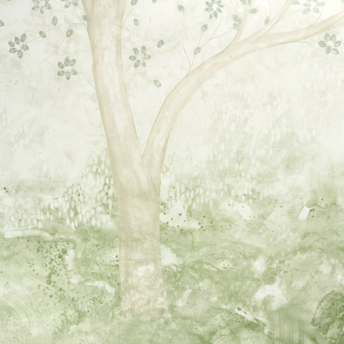 Watercolor-style tree scene with pale beige trunk and soft green foliage in a tranquil landscape.