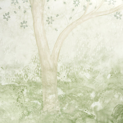 Watercolor-style tree scene with pale beige trunk and soft green foliage in a tranquil landscape.