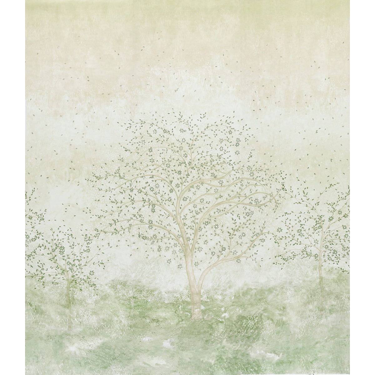 Soft pastel art print of delicate trees on a beige-green misty background.