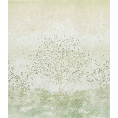 Soft pastel art print of delicate trees on a beige-green misty background.