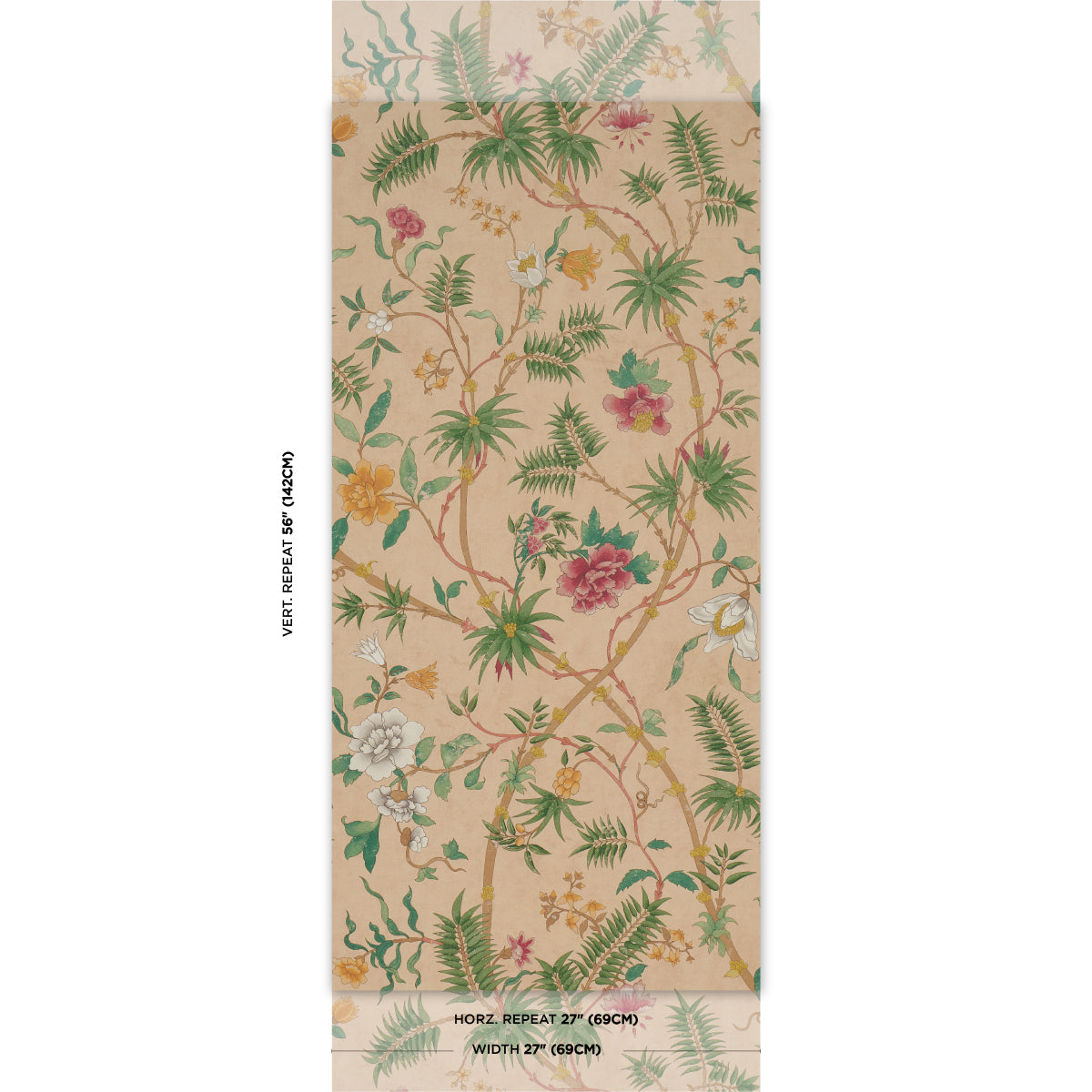 Coral wallpaper roll with tropical botanical print: green ferns and pink and yellow flowers.