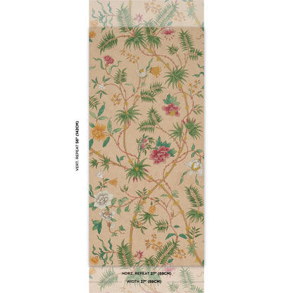 Coral wallpaper roll with tropical botanical print: green ferns and pink and yellow flowers.