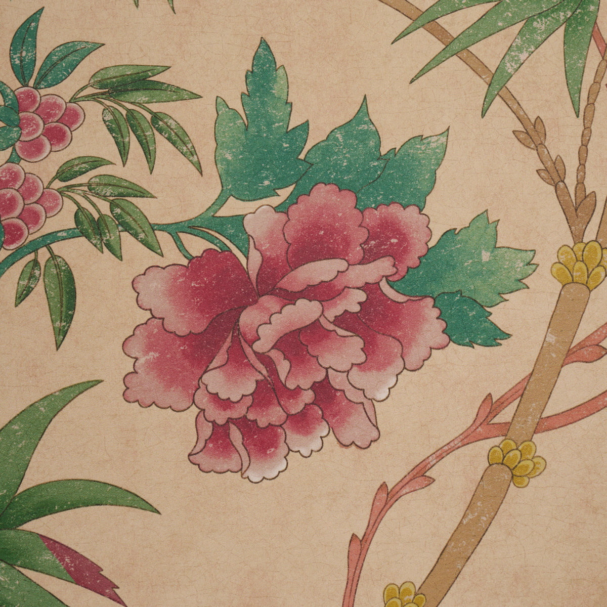 Beige botanical floral pattern with coral accents, featuring a large flower, green leaves, and bamboo-like stems.