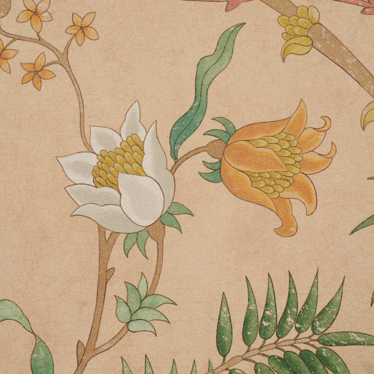 Beige fabric with botanical pattern of white and orange blossoms on brown branches and green leaves.