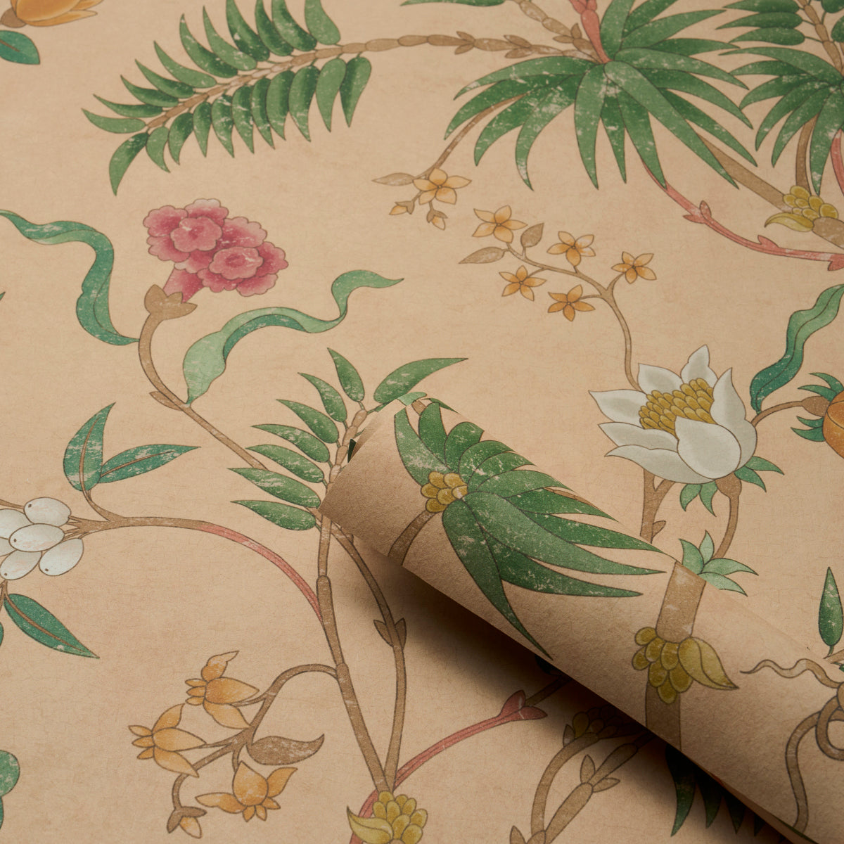 Coral wallpaper featuring green tropical leaves and pink and white flowers, twisting vines; vintage botanical pattern, curled corner.