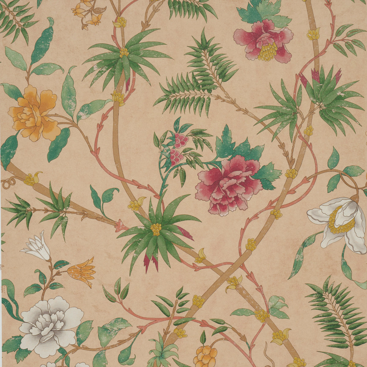 Coral botanical wallpaper with green palm-like leaves, pink, yellow and white flowers and twisting vines