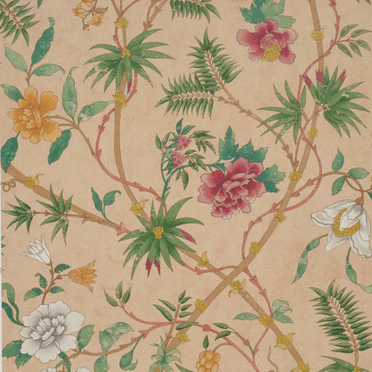Coral botanical wallpaper with green palm-like leaves, pink, yellow and white flowers and twisting vines