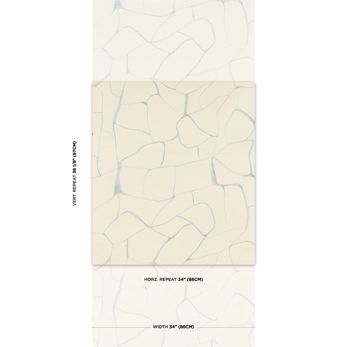 Cream wallcovering with irregular pale blue-gray stone mosaic pattern, soft grout lines.