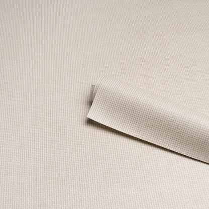 Beige linen-textured paperweave vinyl wallpaper roll on a neutral background, with a curved edge.