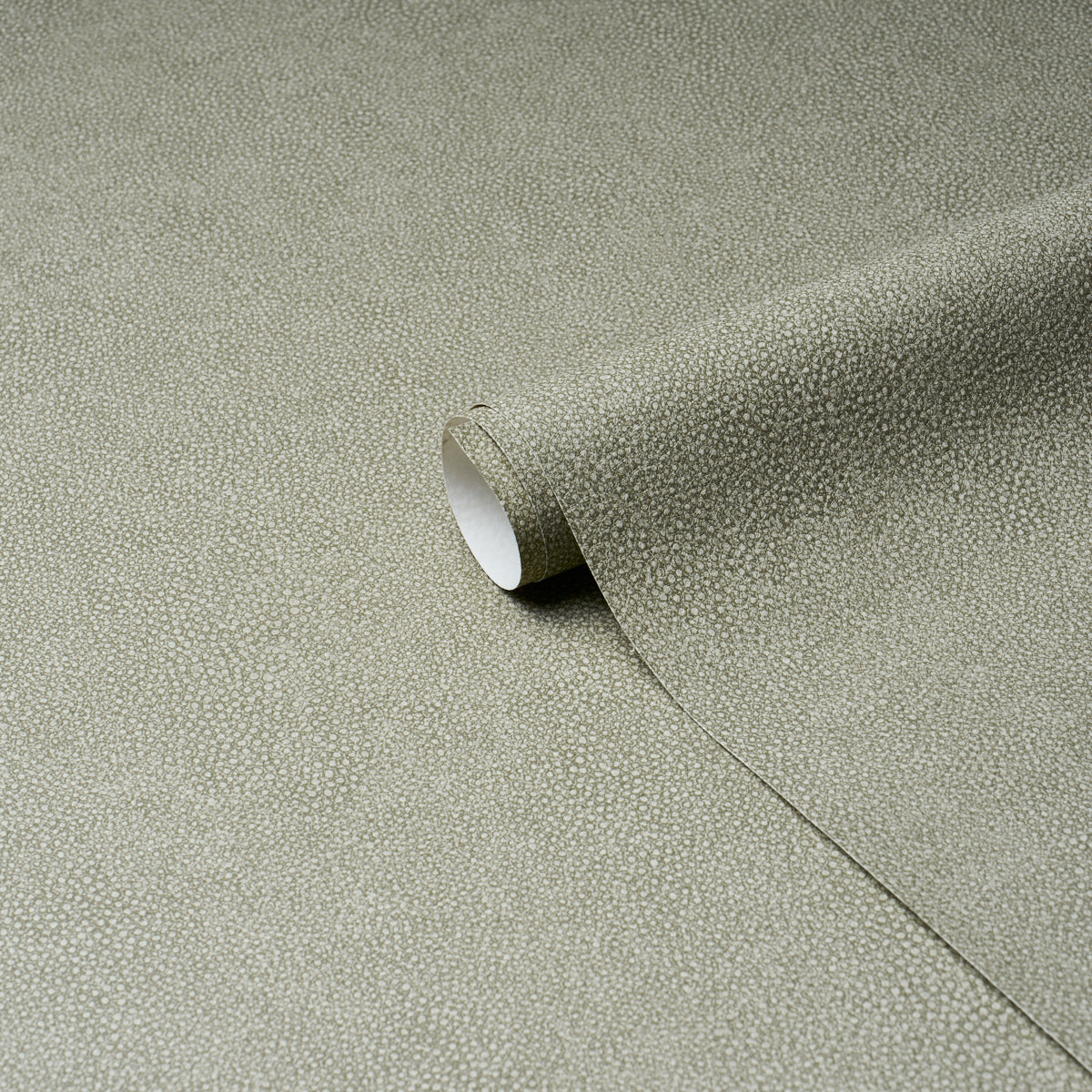 Olive shagreen vinyl with a textured pebble-grain surface, rolled sheet for upholstery or decor.