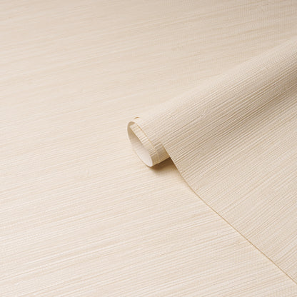 Beige textured wallpaper roll with linen-like grain on cream surface, for walls.