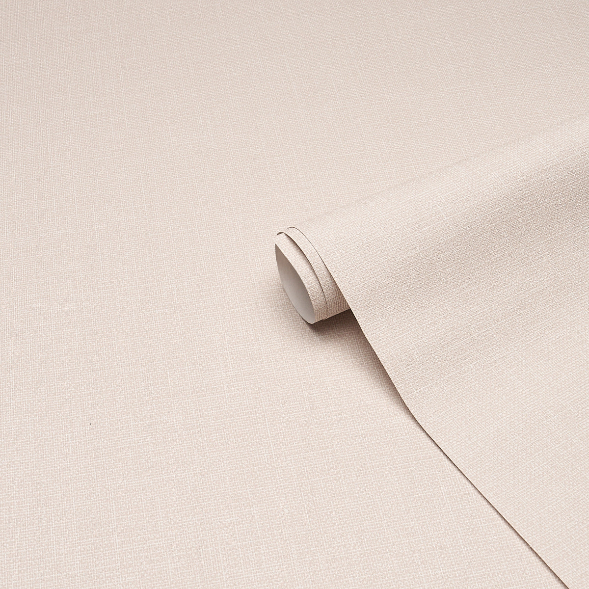 Beige vinyl wallpaper roll with a woven linen texture and a matching swatch.