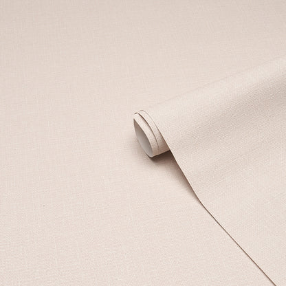 Beige vinyl wallpaper roll with a woven linen texture and a matching swatch.