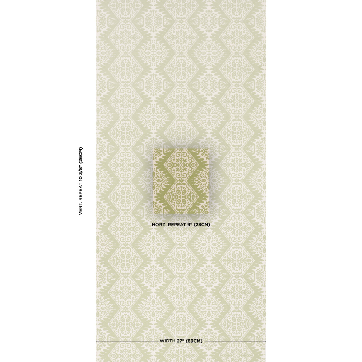 Cream damask-pattern wallpaper with ivory-gold motif; small center swatch sample.