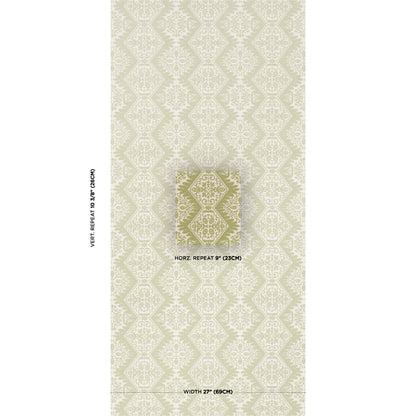 Cream damask-pattern wallpaper with ivory-gold motif; small center swatch sample.