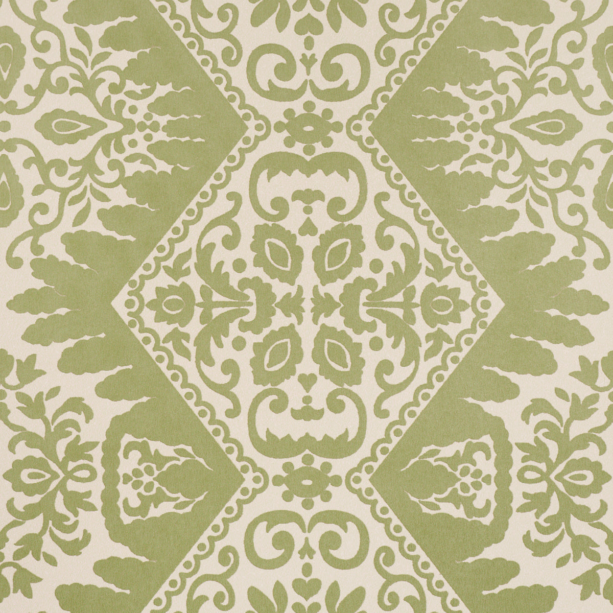 Olive green damask floral pattern with diamond medallions on beige background; ornate, symmetrical scrollwork.