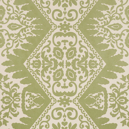 Olive green damask floral pattern with diamond medallions on beige background; ornate, symmetrical scrollwork.