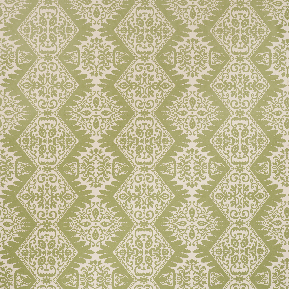 Olive green wallpaper with cream damask diamond pattern; ornate floral motifs in repeating diamonds.
