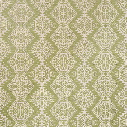 Olive green wallpaper with cream damask diamond pattern; ornate floral motifs in repeating diamonds.