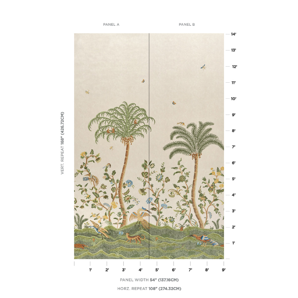 Two-panel vintage botanical wallpaper: beige backdrop with palm trees, vines and birds; seam between panels with edge scale.