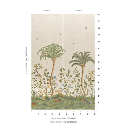 Two-panel vintage botanical wallpaper: beige backdrop with palm trees, vines and birds; seam between panels with edge scale.