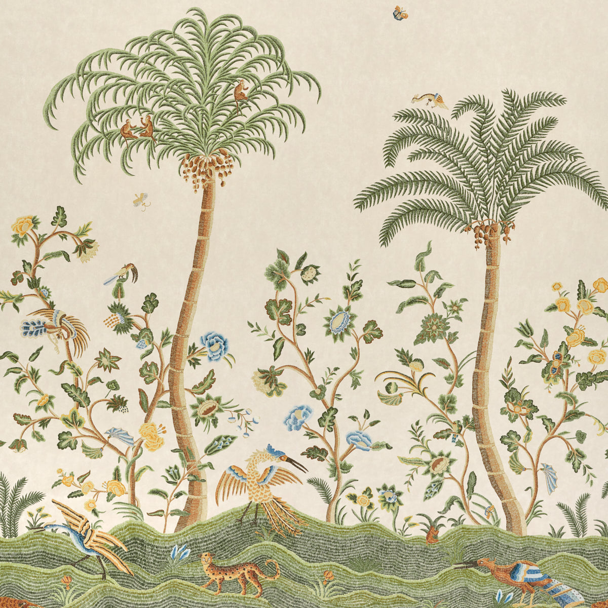 Vintage tropical botanical print with tall palm trees, colorful flowers and birds on a beige background.